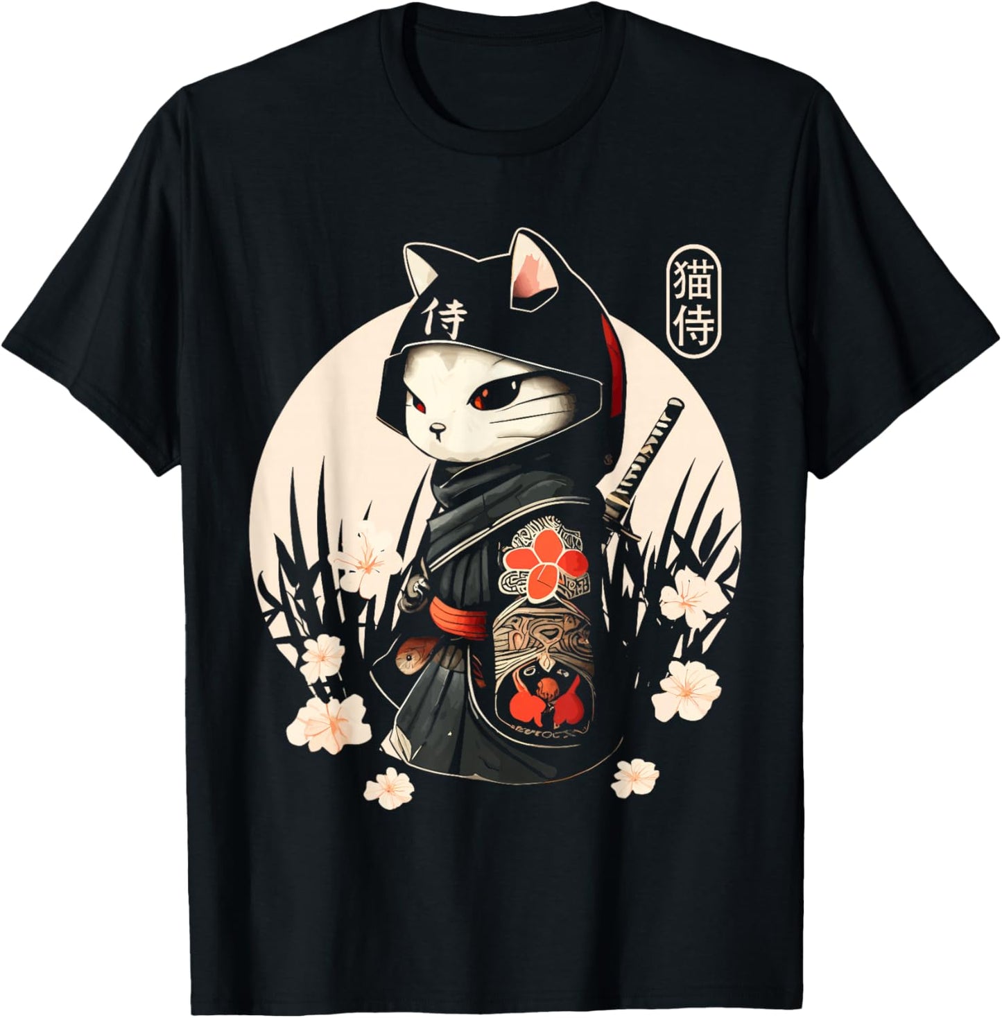 Japanese Samurai Cat Tattoo, Kawaii Ninja Cat T-Shirt - T-Shirt | Black