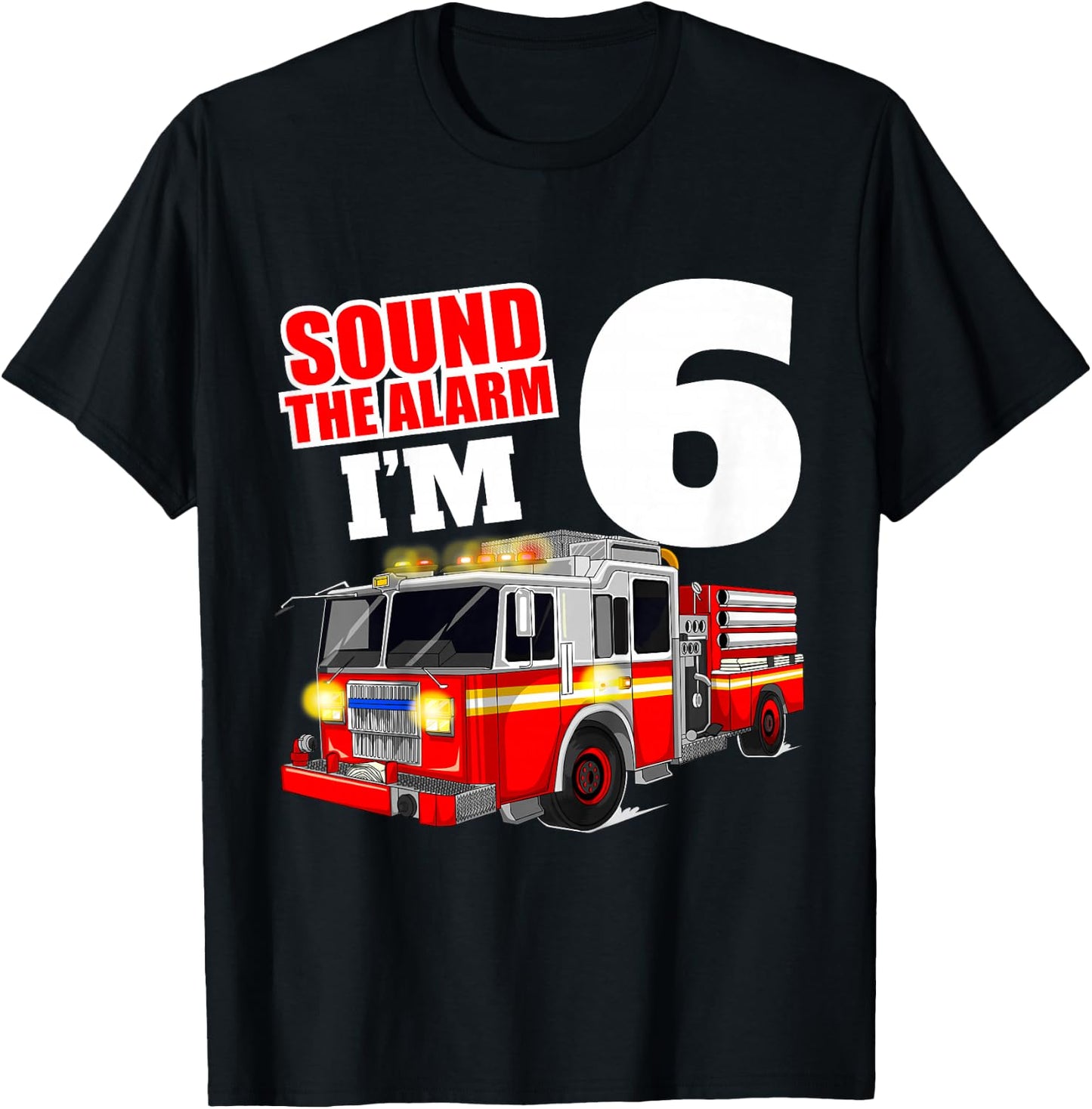 Kids Fire Truck 6th Birthday Boy Firefighter Six 6 Year Old T-Shirt - T-Shirt | Black