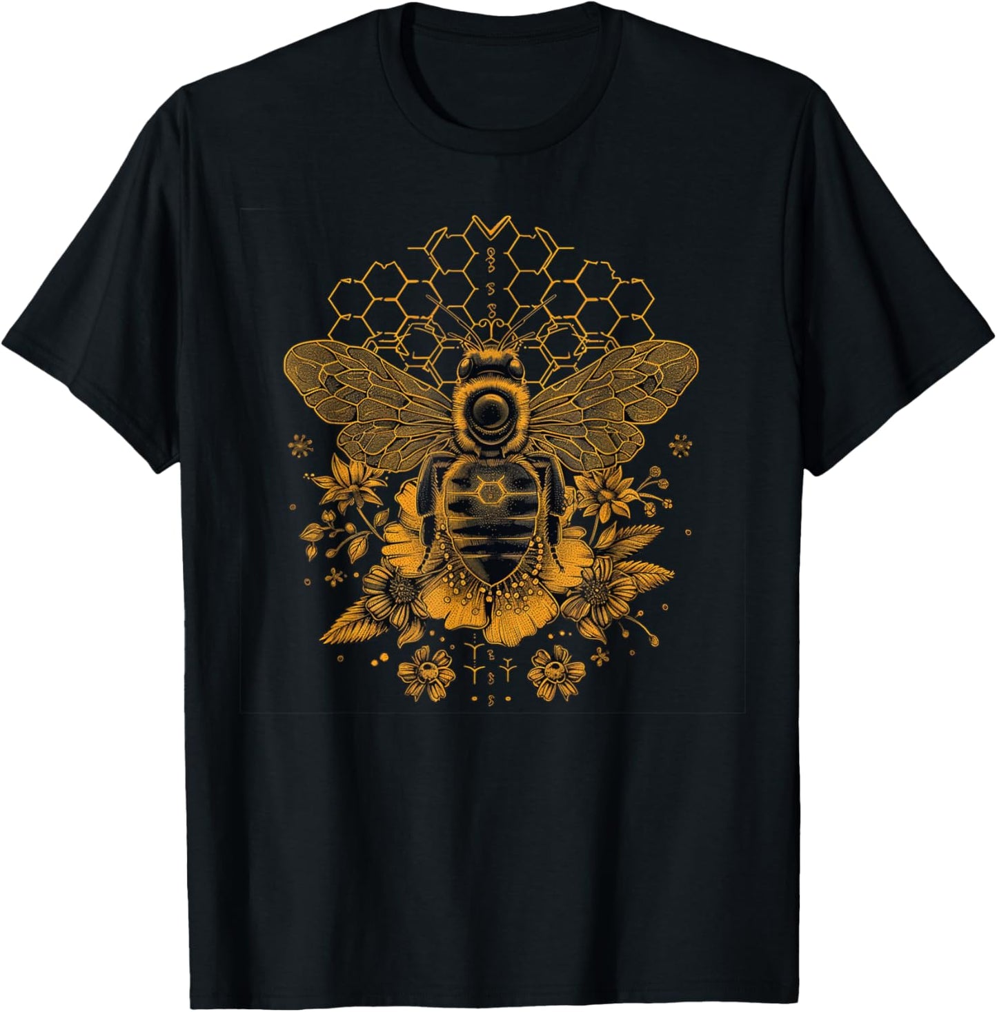 Honeybee Harmony: Floral Sacred Geometry Honeycomb and Bee T-Shirt - T-Shirt | Black