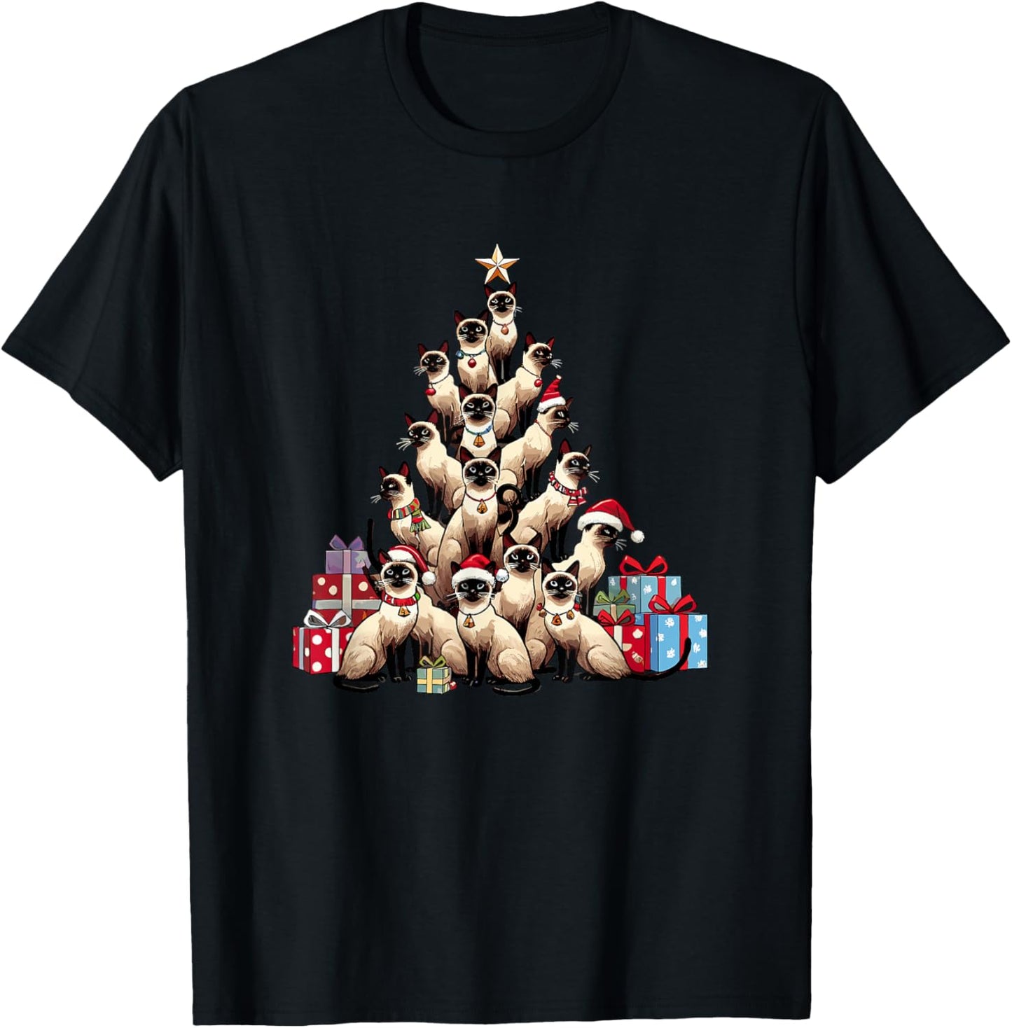 Christmas Tree Siamese Cat Women Kids T-Shirt - T-Shirt | Black