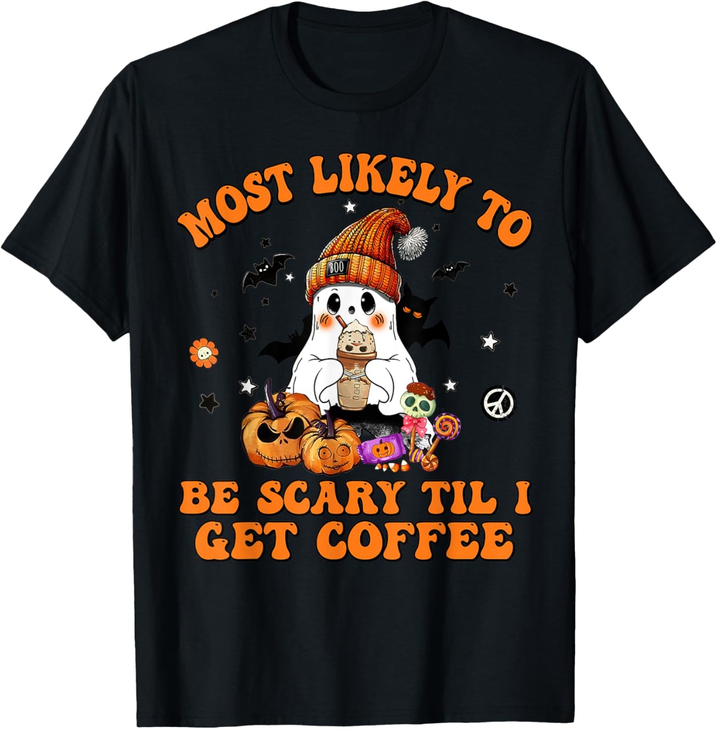 Most Likely To Halloween Be Scary Til I Get Coffee T-Shirt - T-Shirt | Black