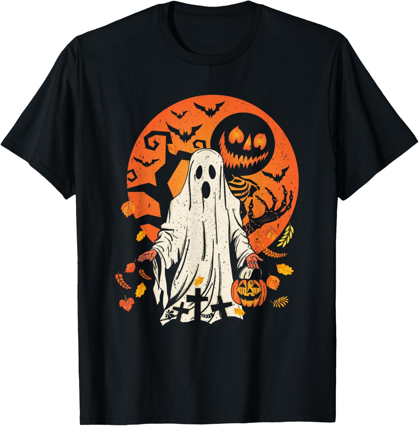 Cute Pumpkin Ghost And Autumn Leaves Halloween T-Shirt - T-Shirt | Black