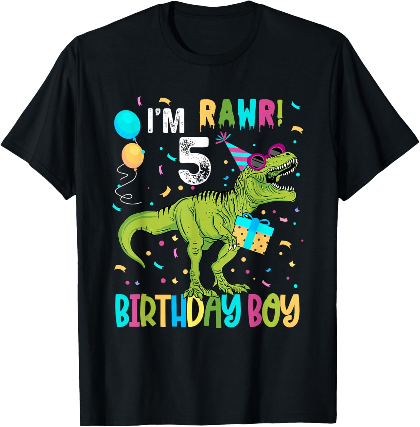 Birthday Boy 5 Years Old 5th Cute Rex Family Dinosaur Squad T-Shirt - T-Shirt | Black