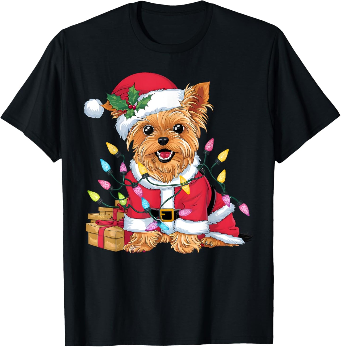 Family Xmas Lighting Santa Yorkie Dog Christmas T-Shirt - T-Shirt | Black