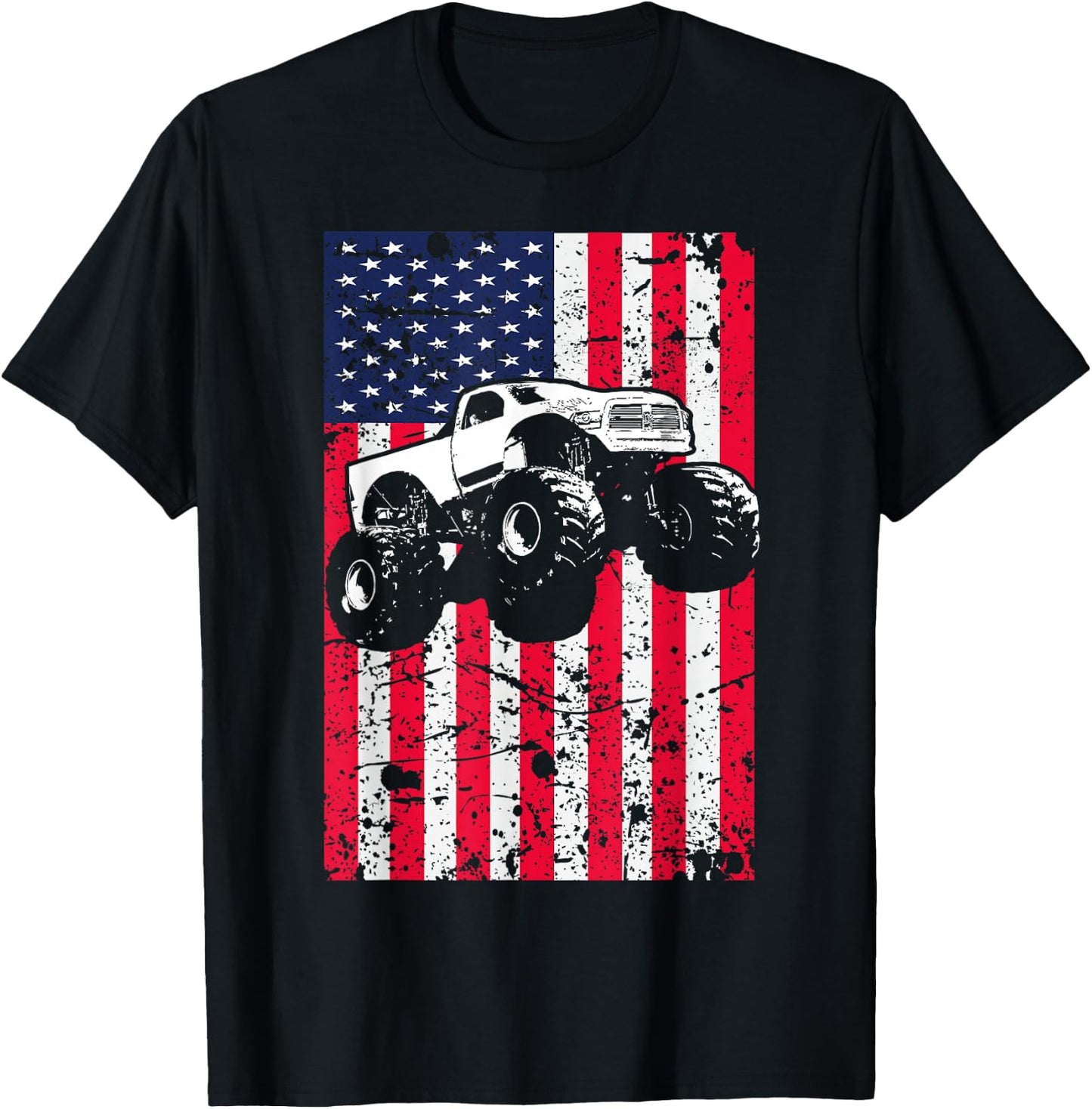 Monster Truck American Flag Racing USA Patriotic T-Shirt - T-Shirt | Black