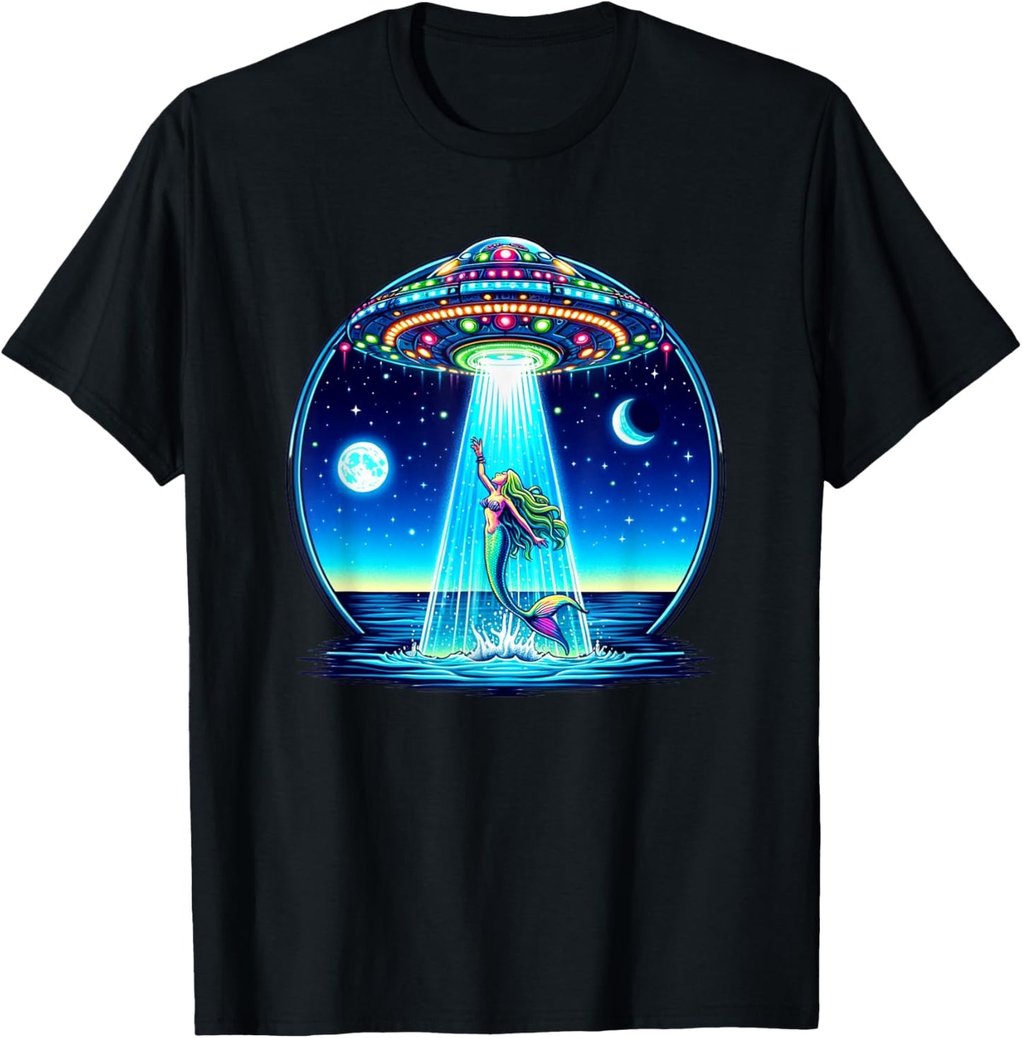 Mermaid Abduction Alien Invasion Funny UFO Spaceship T-Shirt - T-Shirt | Black