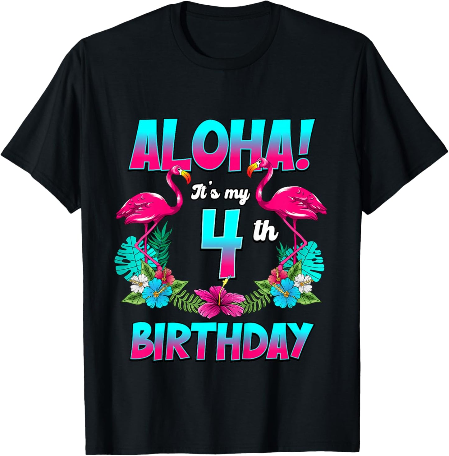 Kids Aloha 4th Birthday Flamingo Hawaii 4 Years Old T-Shirt - T-Shirt | Black