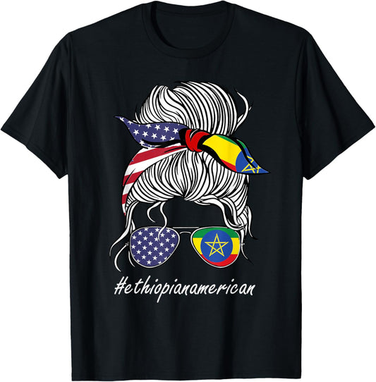 Ethiopia Heritage American Grown Women Girl Ethiopia Flag T-Shirt - T-Shirt | Black