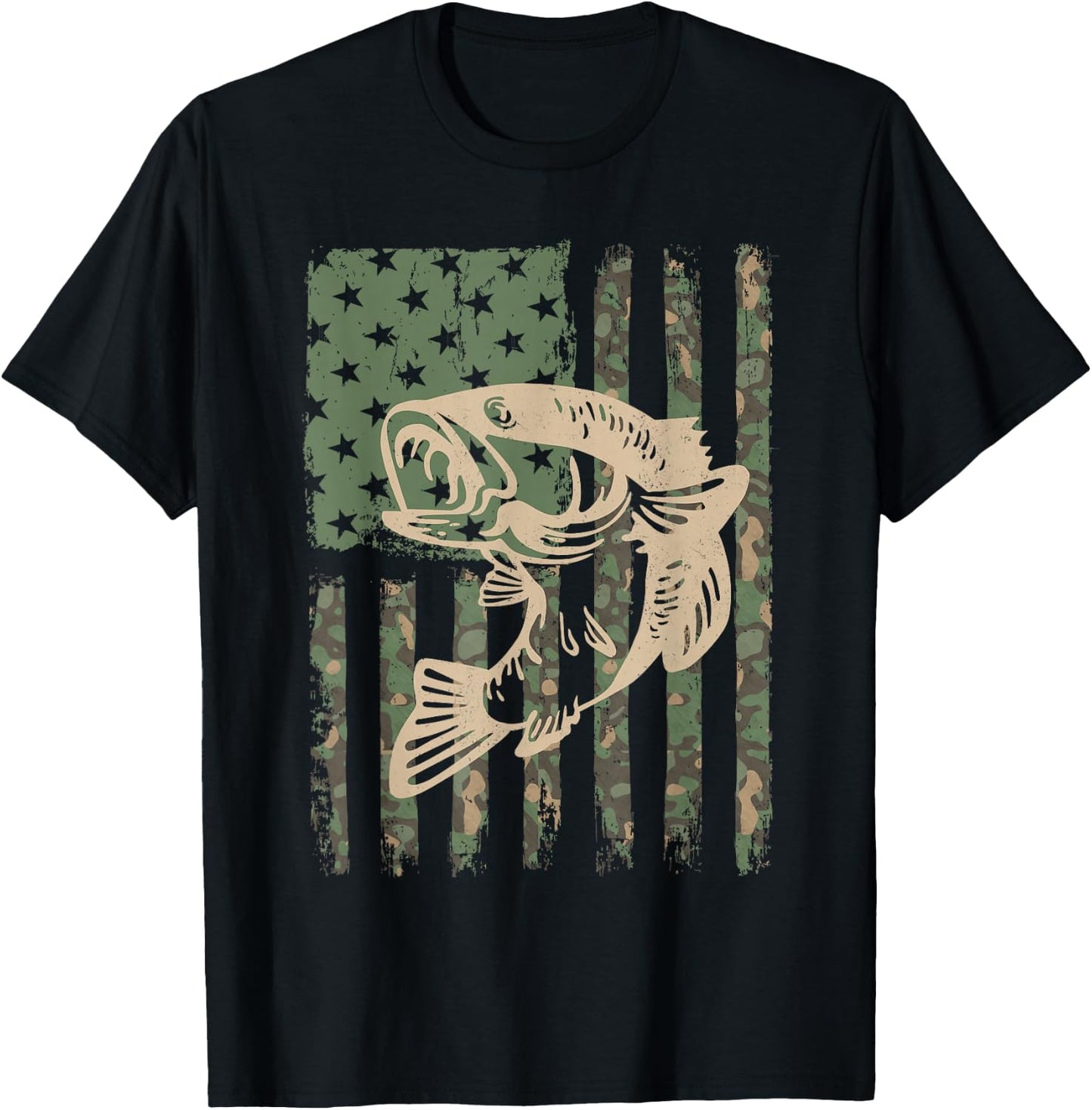Camouflage USA Flag Big Mouth Bass Fishing T-Shirt - T-Shirt | Black