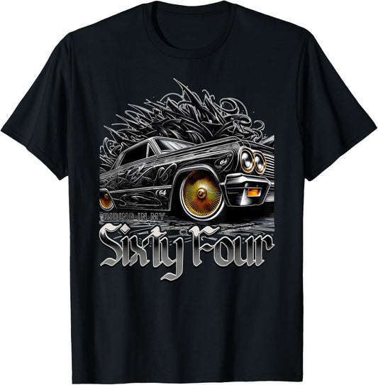RIDING IN MY 64 Classic Lowrider Shirt Chicano Art Low Rider T-Shirt - T-Shirt | Black