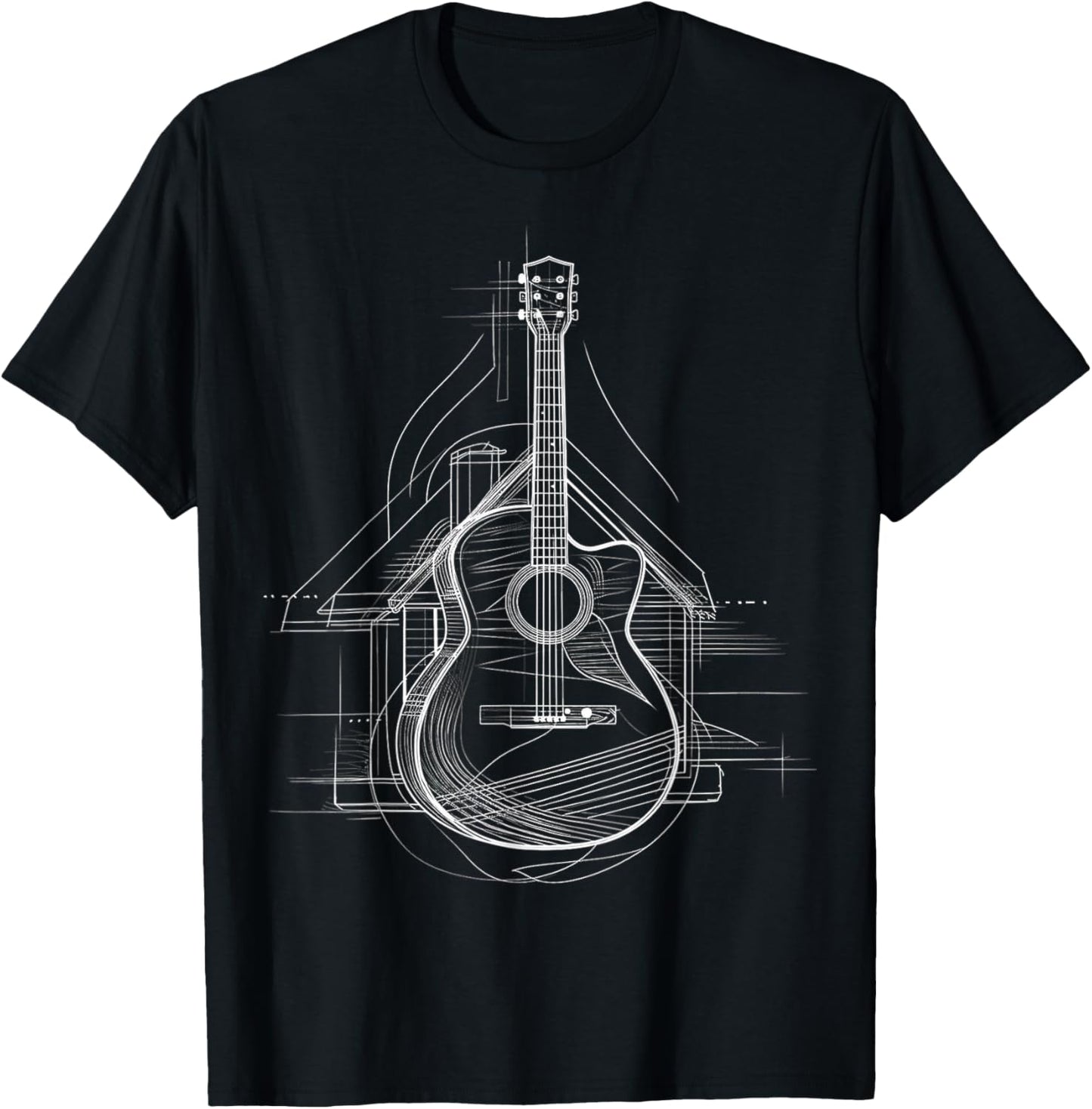 Guitar Musical Instrument Drawing House Art Guitar T-Shirt - T-Shirt | Black