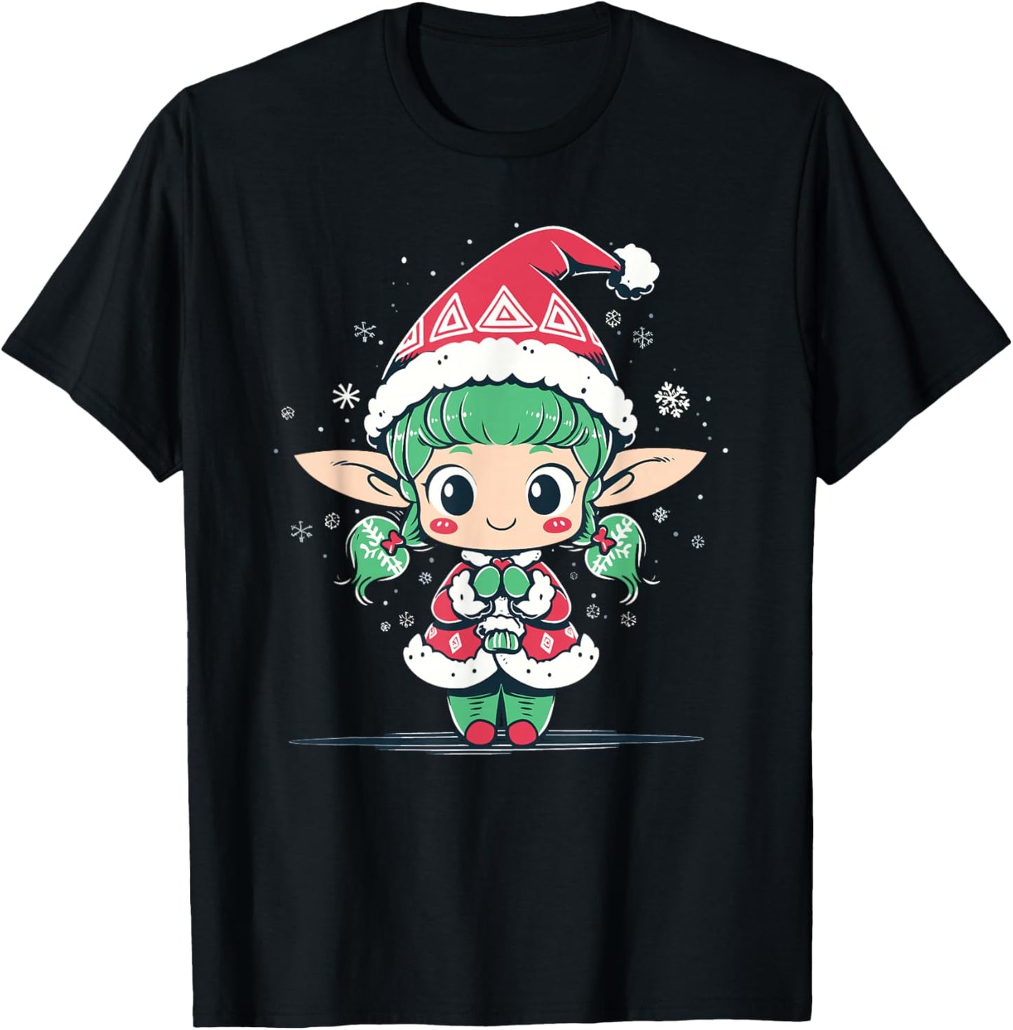 Cute Christmas Elf in Santa Claus Hat Little Girl Graphic T-Shirt - T-Shirt | Black