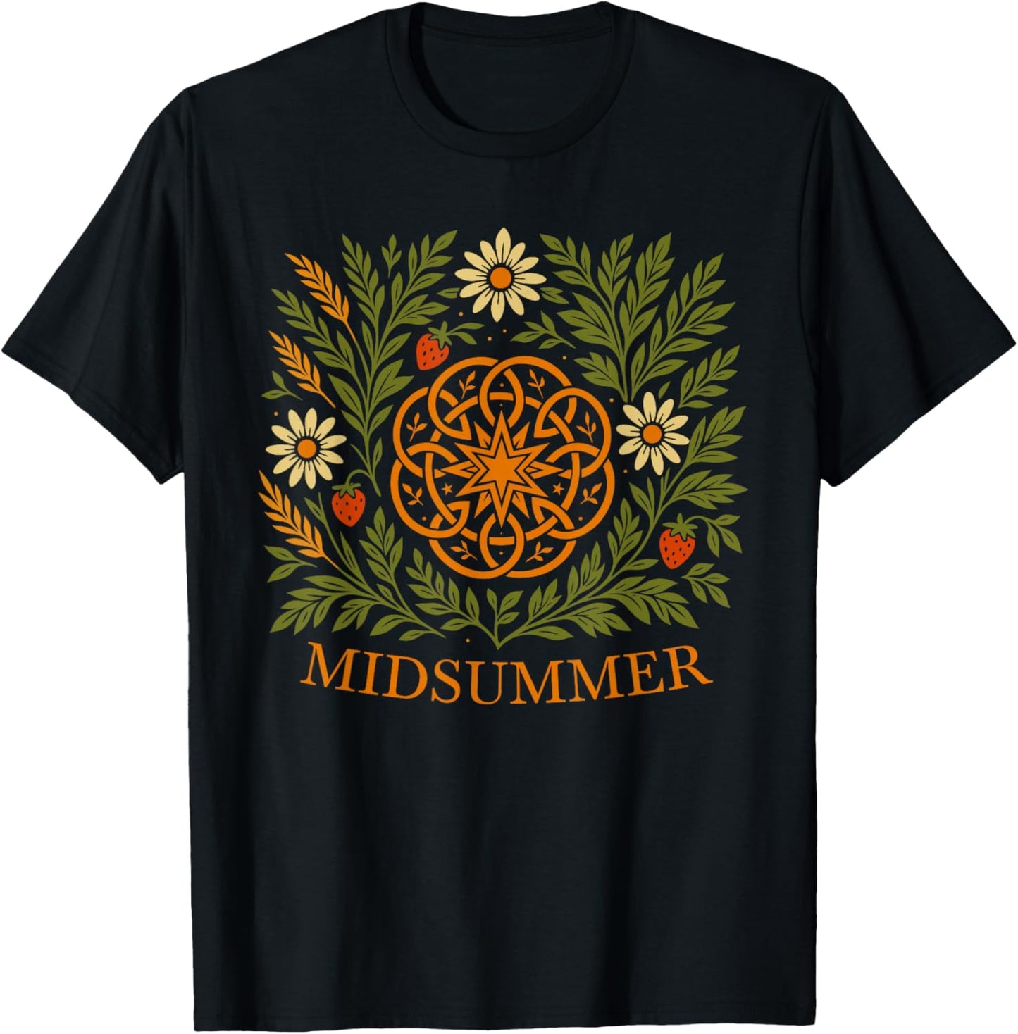 Midsummer Sun Design Litha Herbs, Flowers and Strawberries T-Shirt - T-Shirt | Black