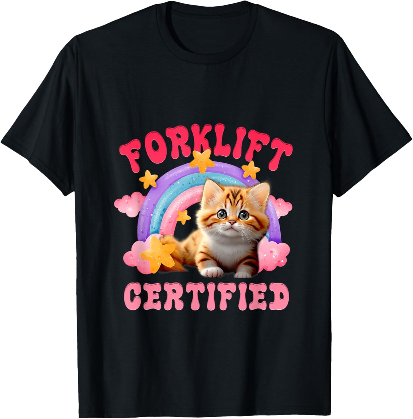 Cat Forklift Certified Funny Pink Boho Rainbow For Cat Lover T-Shirt - T-Shirt | Black