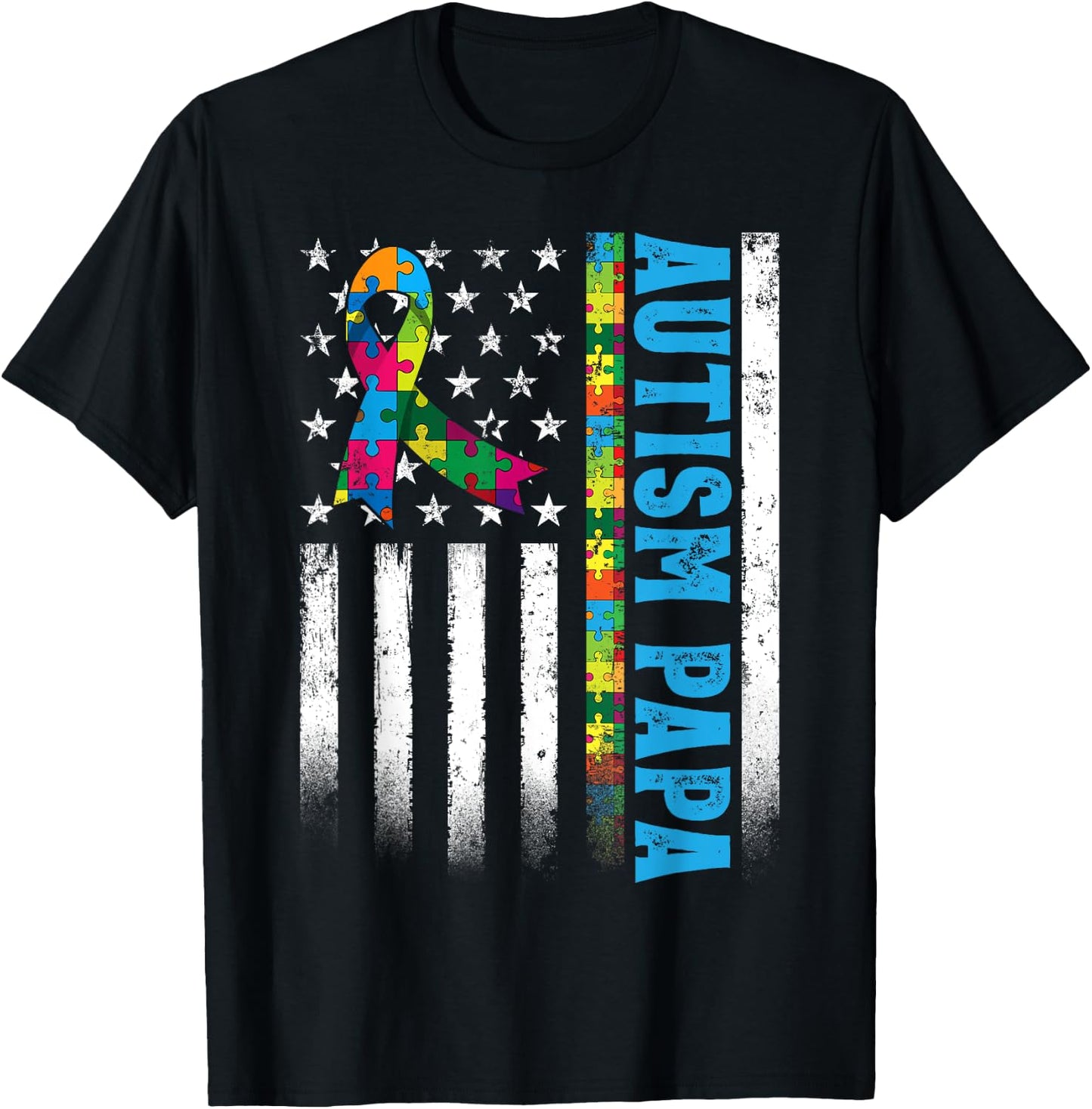 Retro American Flag Autism Papa Awareness Autistic T-Shirt - T-Shirt | Black
