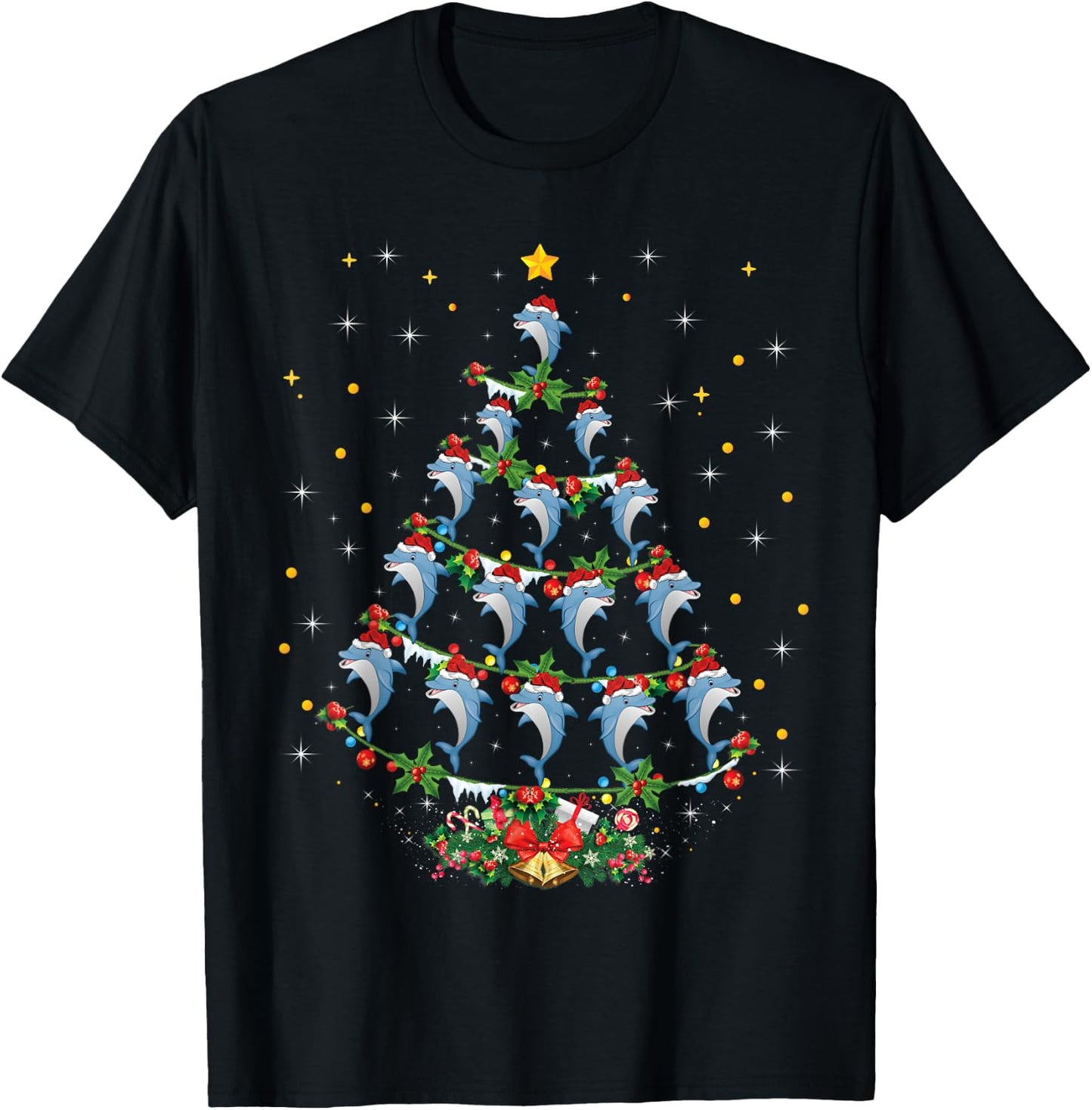 Santa Dolphin Fish Lover Xmas Gift Dolphin Christmas Tree T-Shirt - T-Shirt | Black