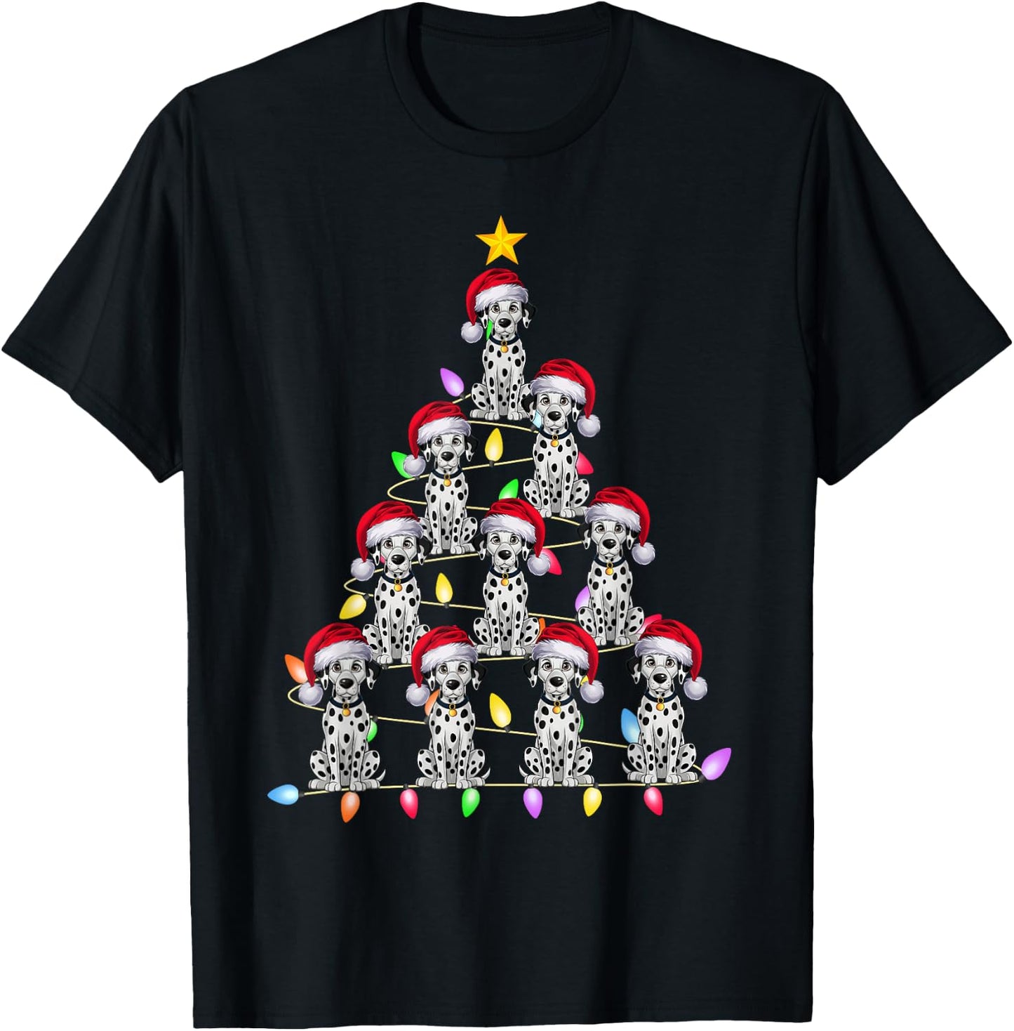 Christmas Tree Lights Men Women Santa Dalmatian Dog Xmas PJs T-Shirt - T-Shirt | Black