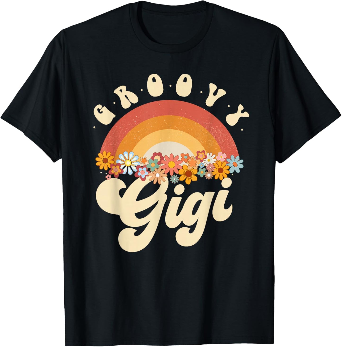 Groovy Gigi Retro Rainbow Colorful Flowers Design T-Shirt - T-Shirt | Black
