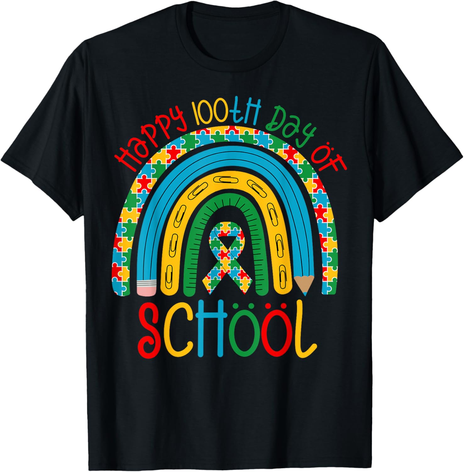 Happy 100th Days of School - Autism Puzzle Ribbon Awareness T-Shirt - T-Shirt | Black