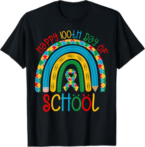 Happy 100th Days of School - Autism Puzzle Ribbon Awareness T-Shirt - T-Shirt | Black