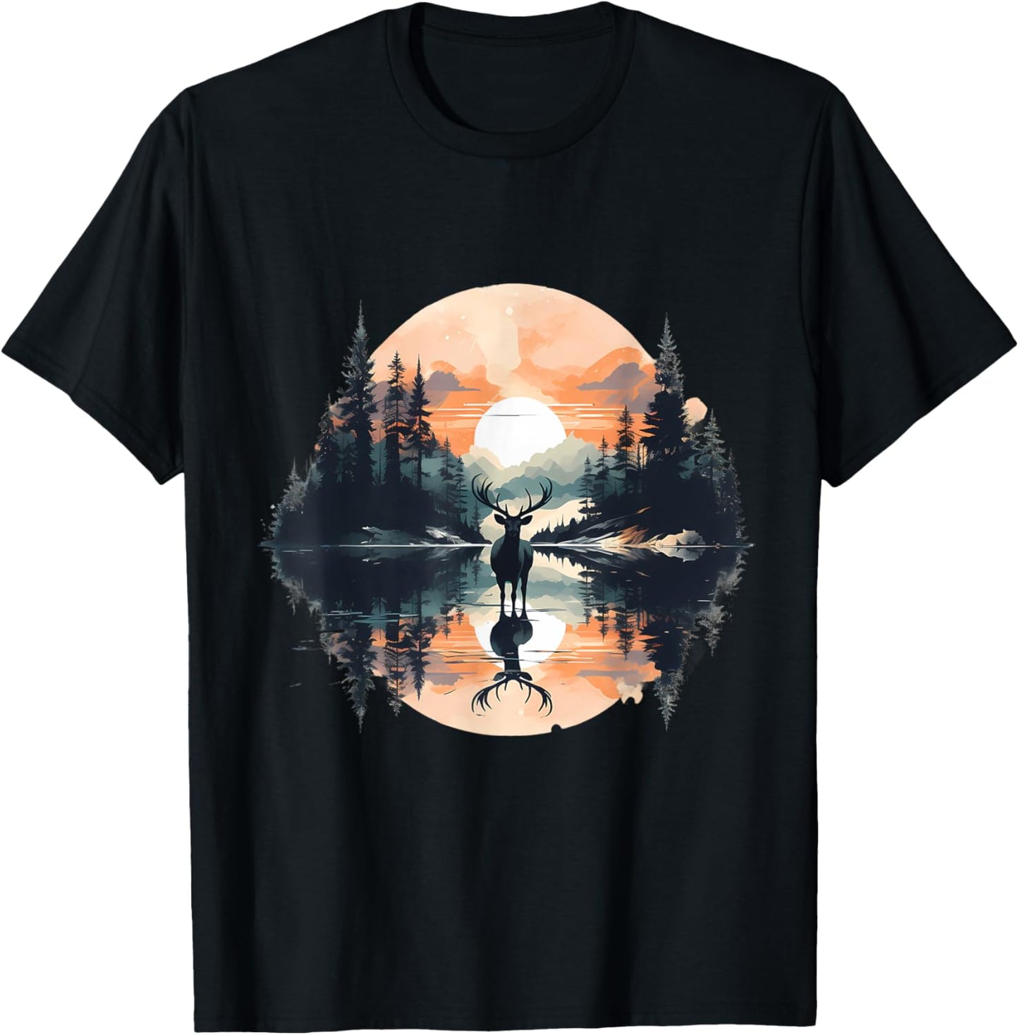 Deer Landscape Moon Motif Animal Lovers Forest Wildlife T-Shirt - T-Shirt | Black