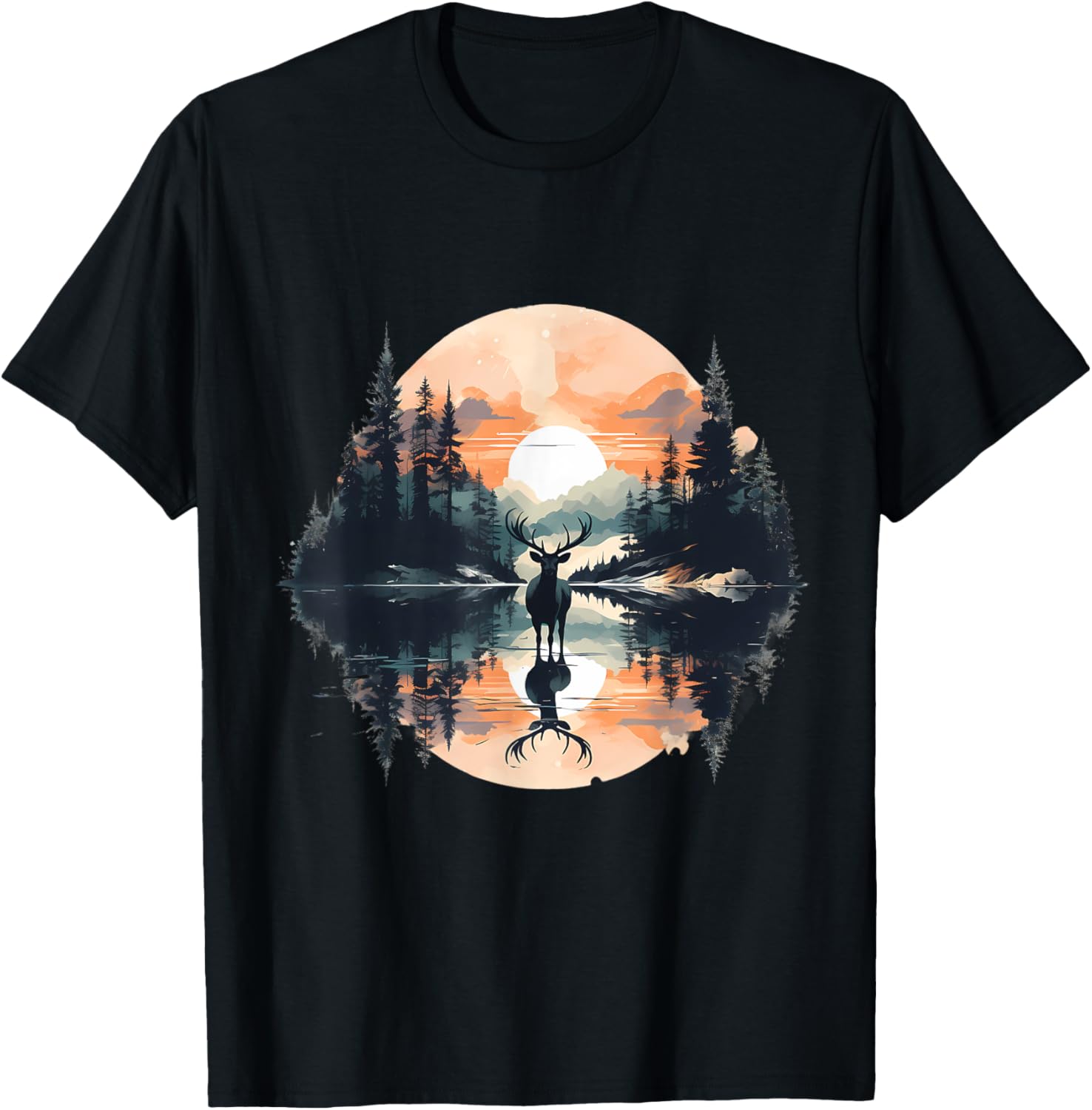 Deer Landscape Moon Motif Animal Lovers Forest Wildlife T-Shirt - T-Shirt | Black
