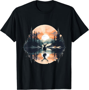 Deer Landscape Moon Motif Animal Lovers Forest Wildlife T-Shirt - T-Shirt | Black