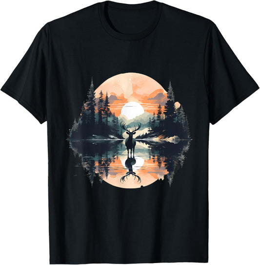 Deer Landscape Moon Motif Animal Lovers Forest Wildlife T-Shirt - T-Shirt | Black