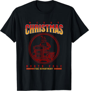 Christmas Firefighter Santa, North Pole Fire Department T-Shirt - T-Shirt | Black
