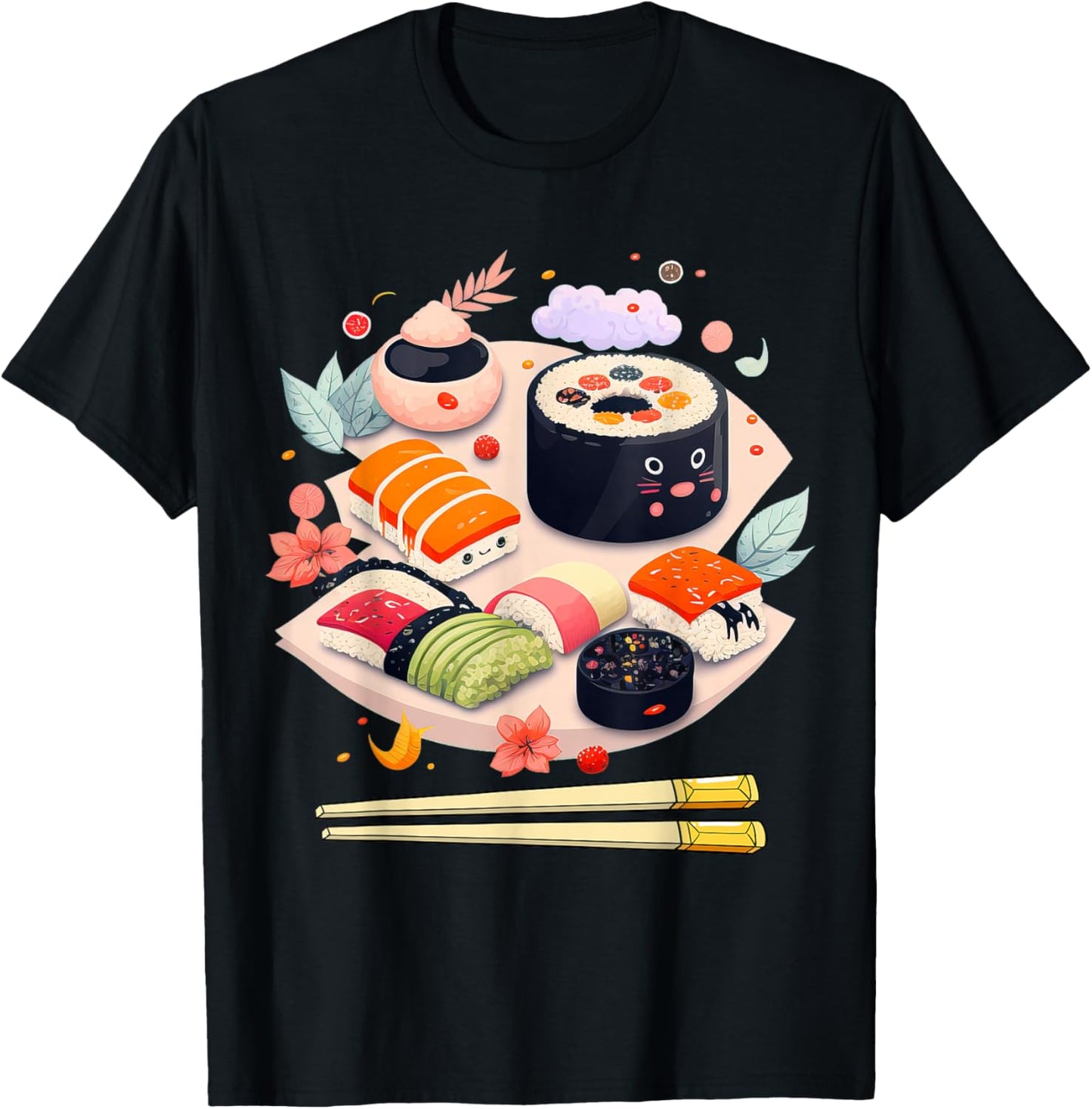 Happy Sushi Anime Kawaii Set Japanese Food Lover Otaku Manga T-Shirt - T-Shirt | Black