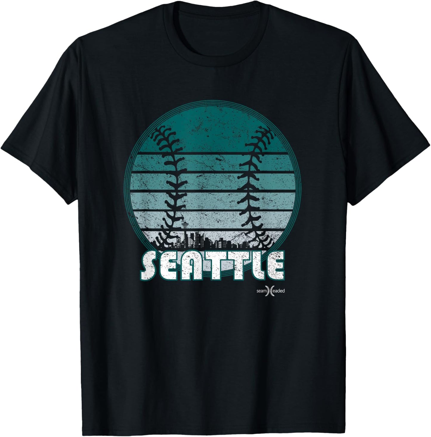 Vintage Seattle Baseball Sunset with Retro City Skyline T-Shirt - T-Shirt | Black