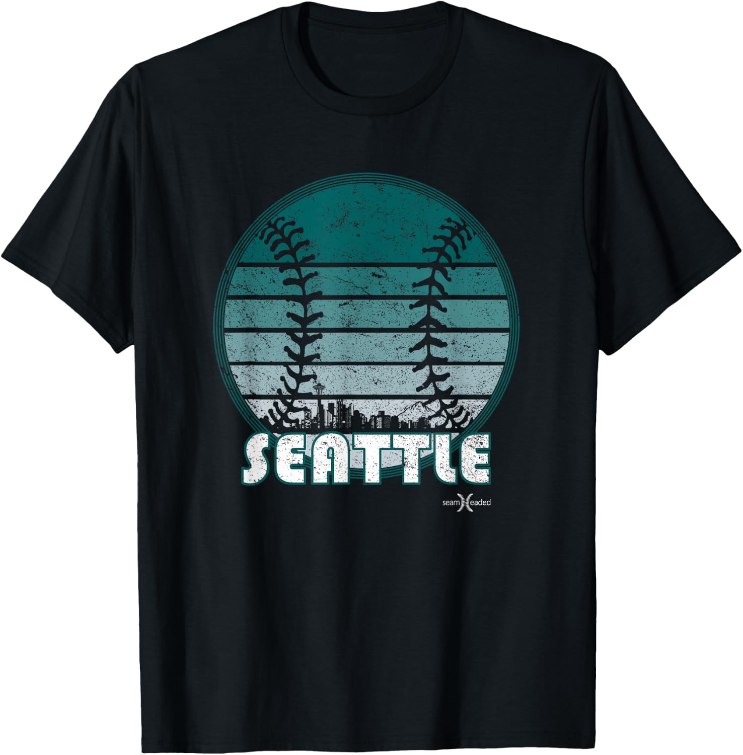 Vintage Seattle Baseball Sunset with Retro City Skyline T-Shirt - T-Shirt | Black
