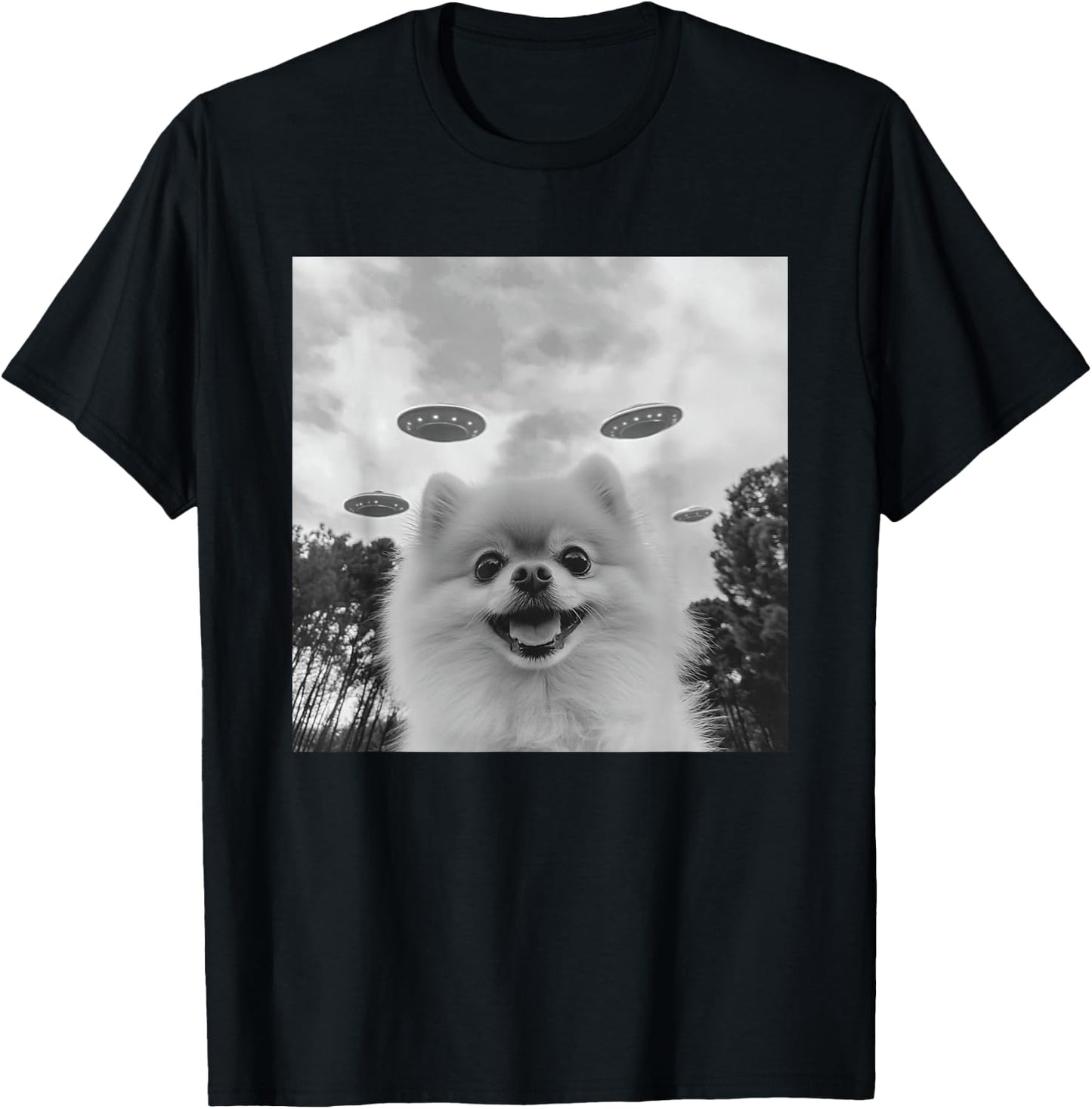Cute Pomeranian Dog Selfie With UFO UAP Invasion Alien T-Shirt - T-Shirt | Black