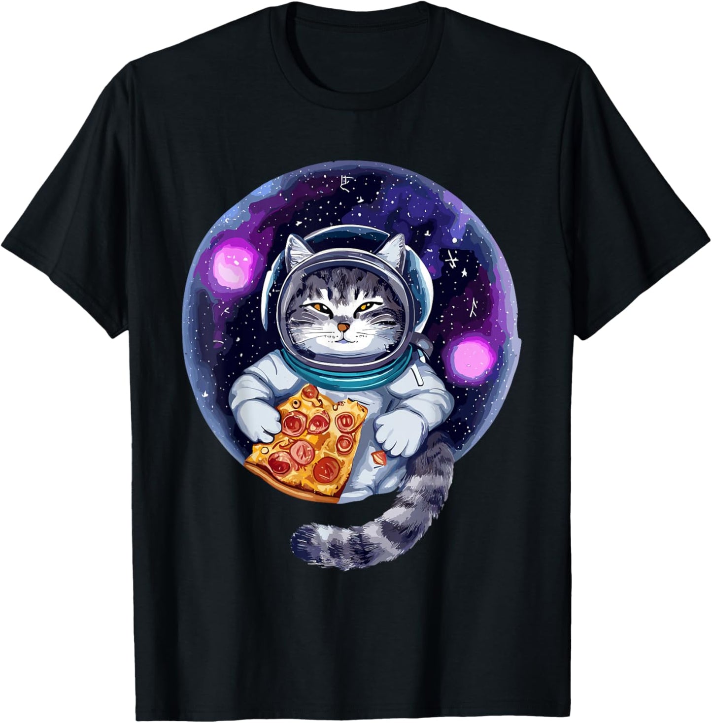 Cat Eating Pizza in Universe - For Space Astronaut Cat T-Shirt - T-Shirt | Black