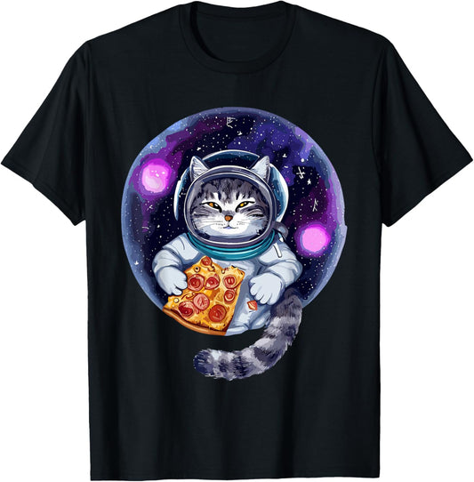 Cat Eating Pizza in Universe - For Space Astronaut Cat T-Shirt - T-Shirt | Black