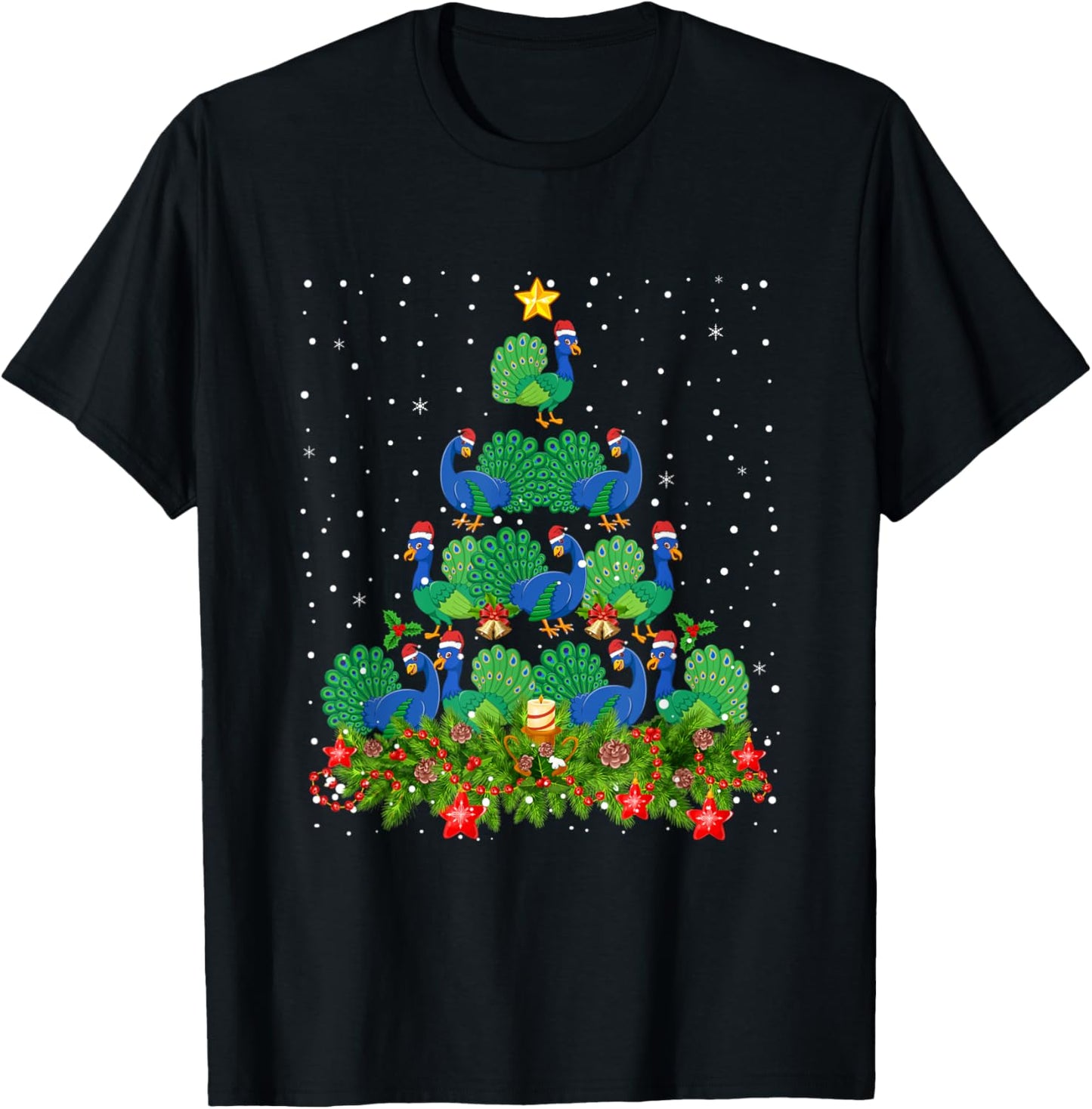 Peacock Bird Xmas Tree - Santa Hat Peacock Christmas T-Shirt - T-Shirt | Black