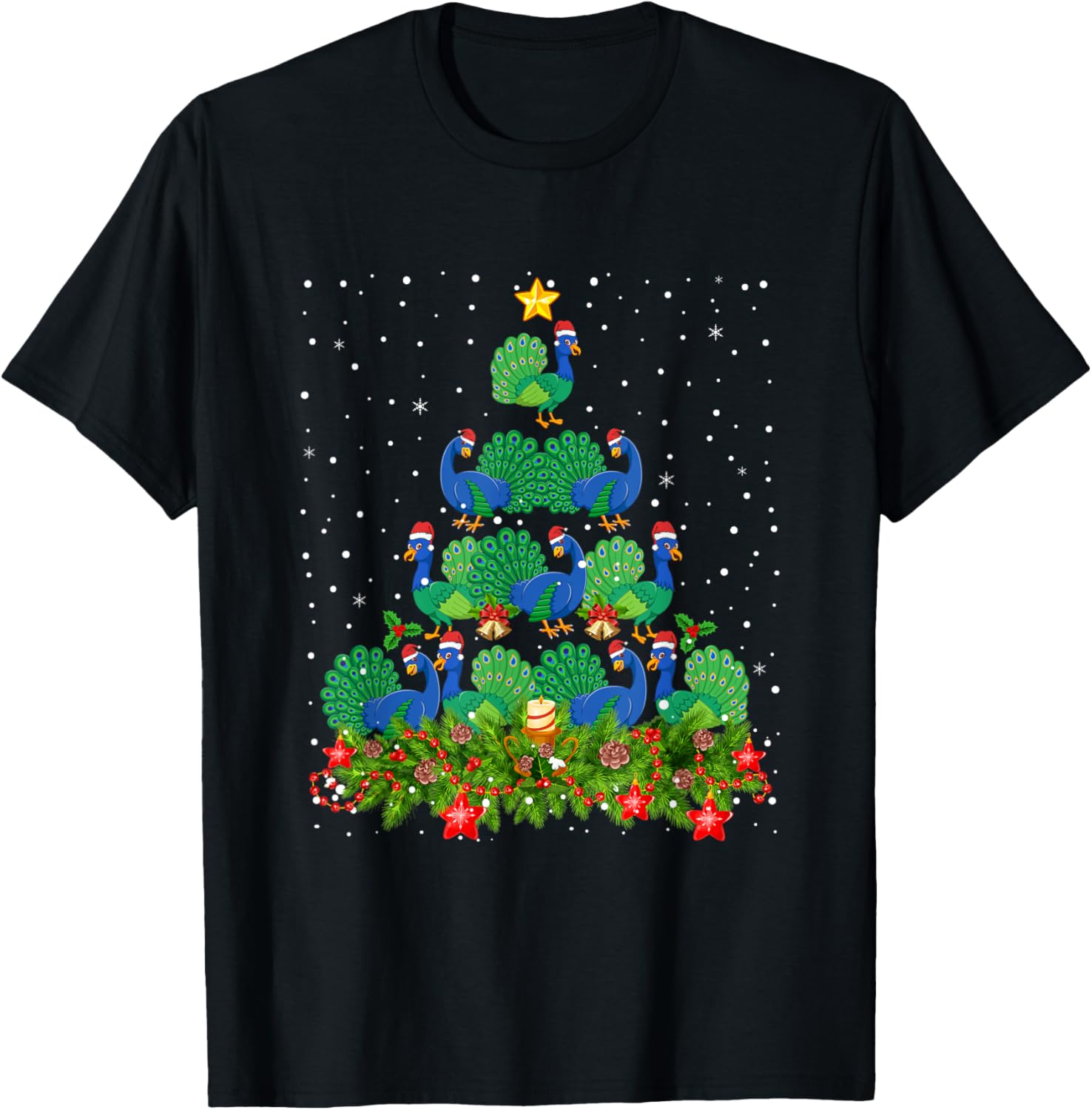 Peacock Bird Xmas Tree - Santa Hat Peacock Christmas T-Shirt - T-Shirt | Black