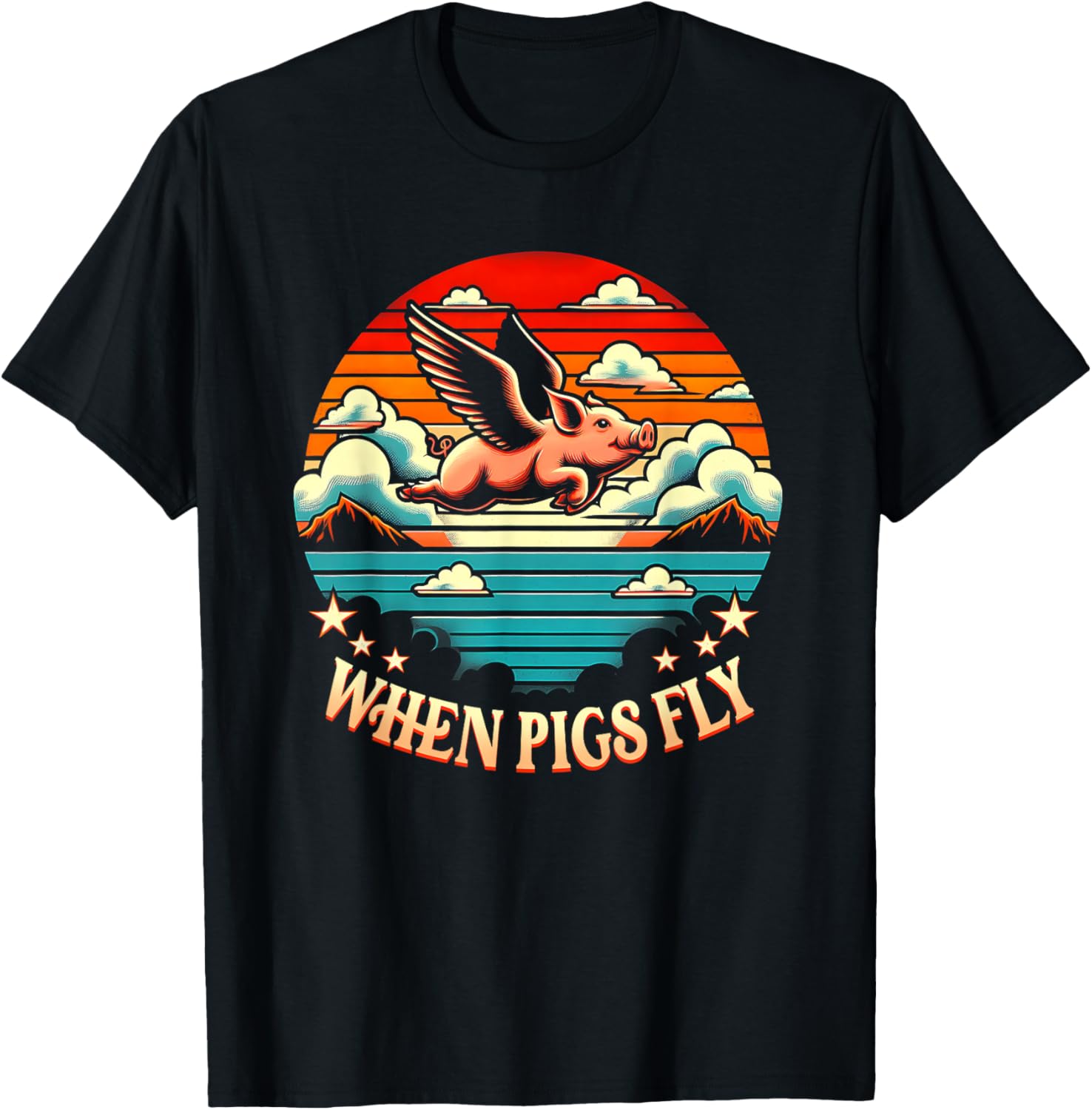 Vintage Sunset When Pig Fly 1600s Funny Saying Humorous T-Shirt - T-Shirt | Black