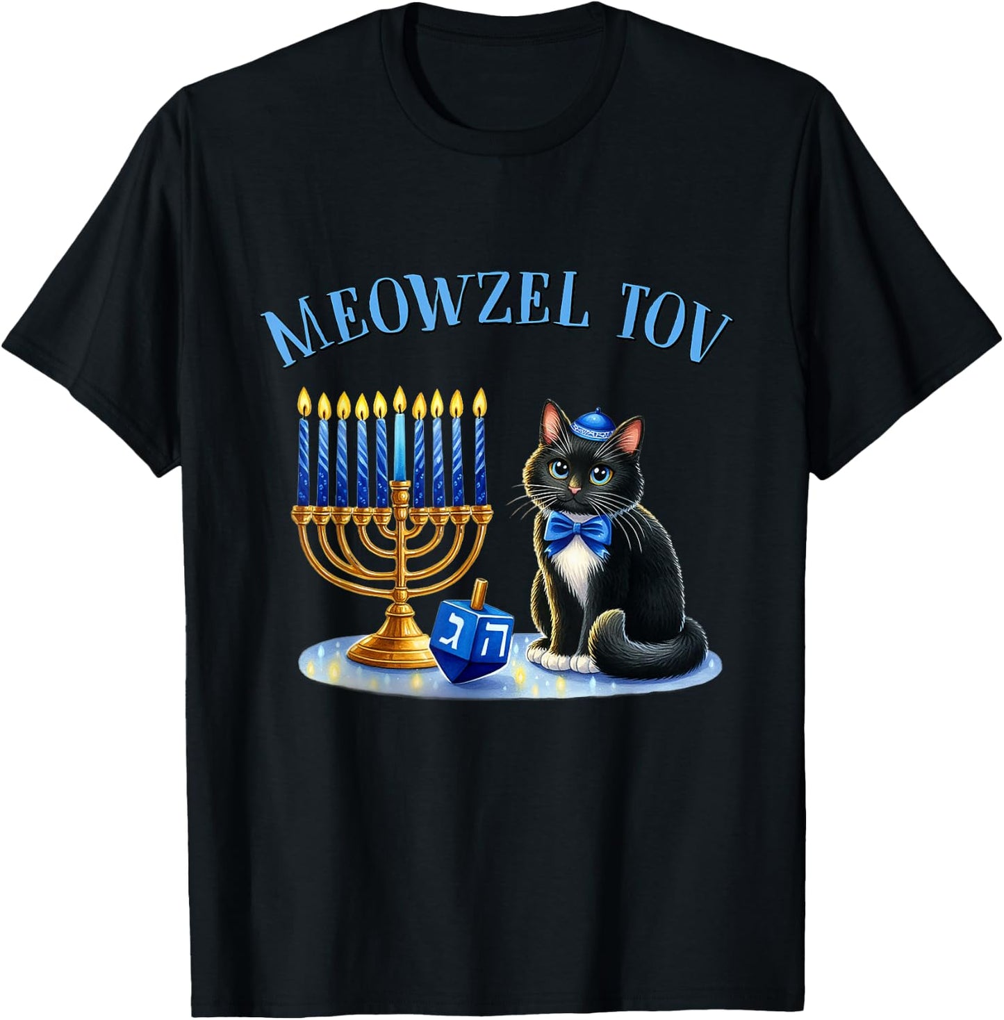 Funny Happy Hanukkah Hanukkat Meowzel Tov Jewish Cat Menorah T-Shirt - T-Shirt | Black