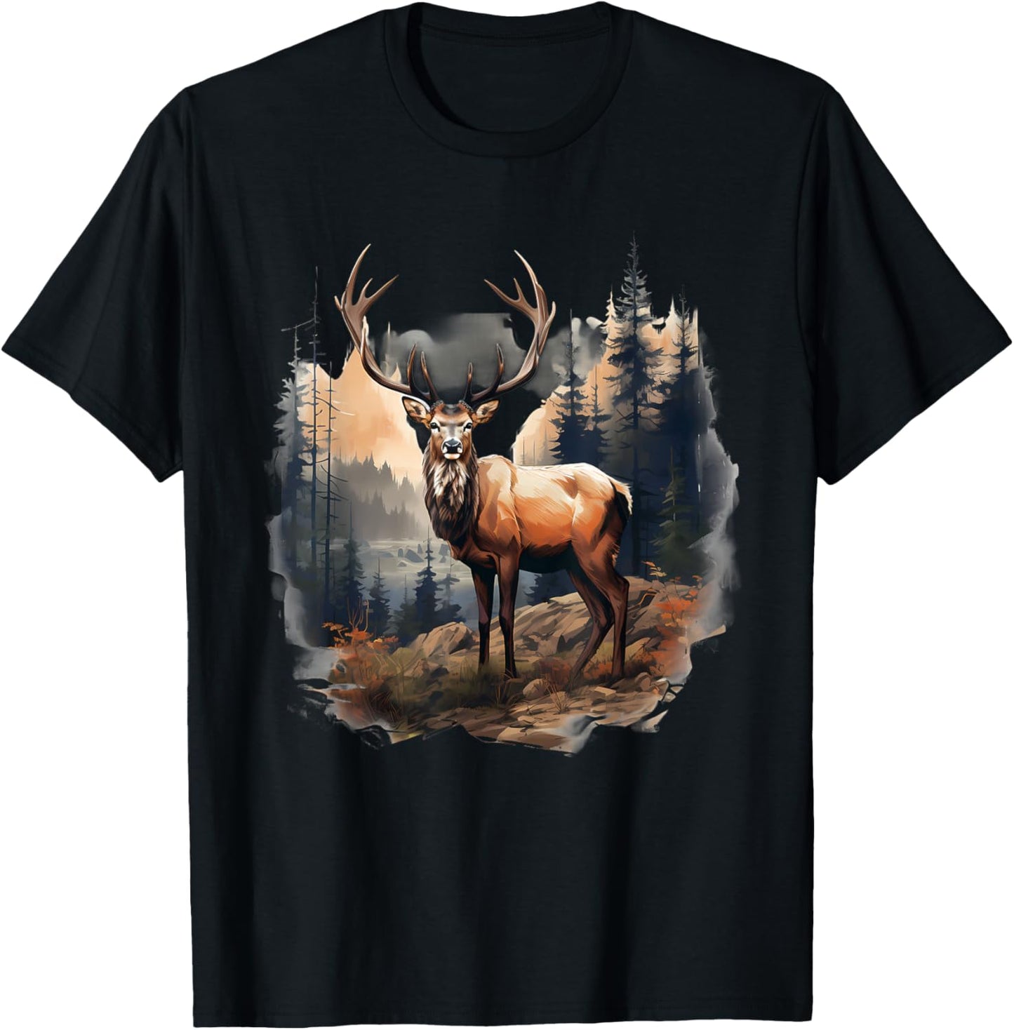Deer Forest Landscape Wildlife Artwork Nature Animal Lovers T-Shirt - T-Shirt | Black