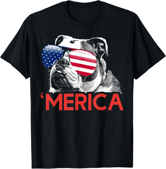 Merica Bulldog American Flag 4th of July T-Shirt - T-Shirt | Black