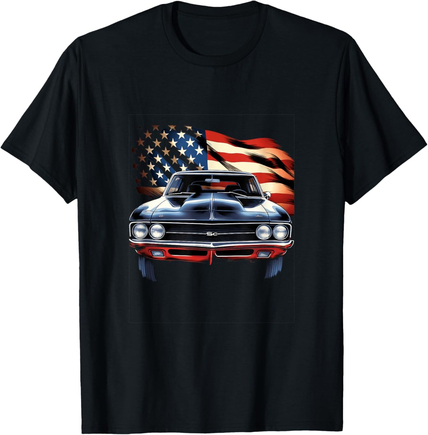 Muscle Car American USA Flag Vintage Car T-Shirt - T-Shirt | Black