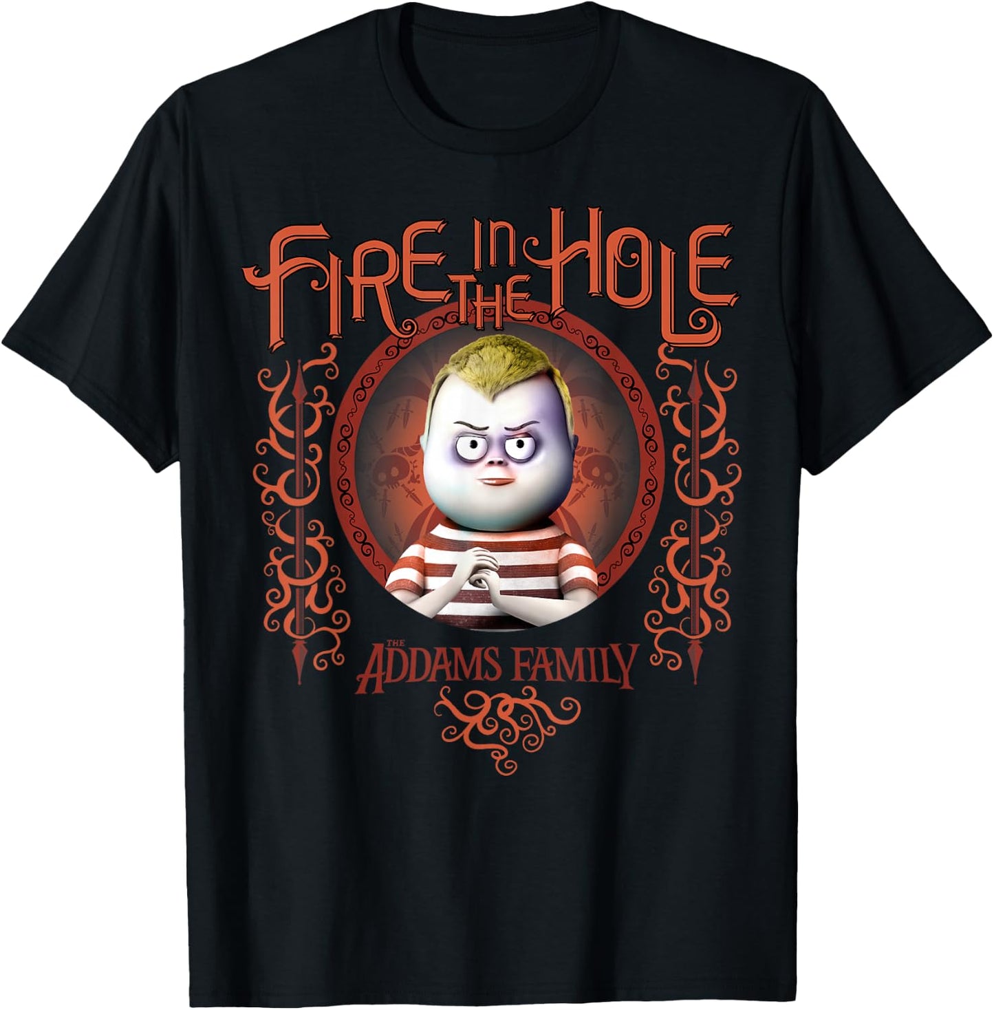 Addams Family Pugsley Addams Fire in The Hole Portrait Small T-Shirt - T-Shirt | Black
