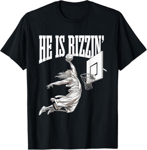 He Is Rizzin Basketball Jesus Dunk Memes Humor T-Shirt - T-Shirt | Black