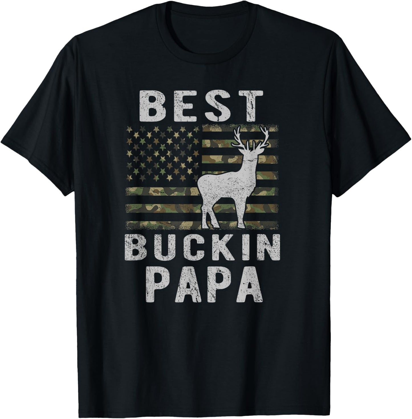 Best Bucking Papa Camouflage American Flag Deer Hunting T-Shirt - T-Shirt | Black