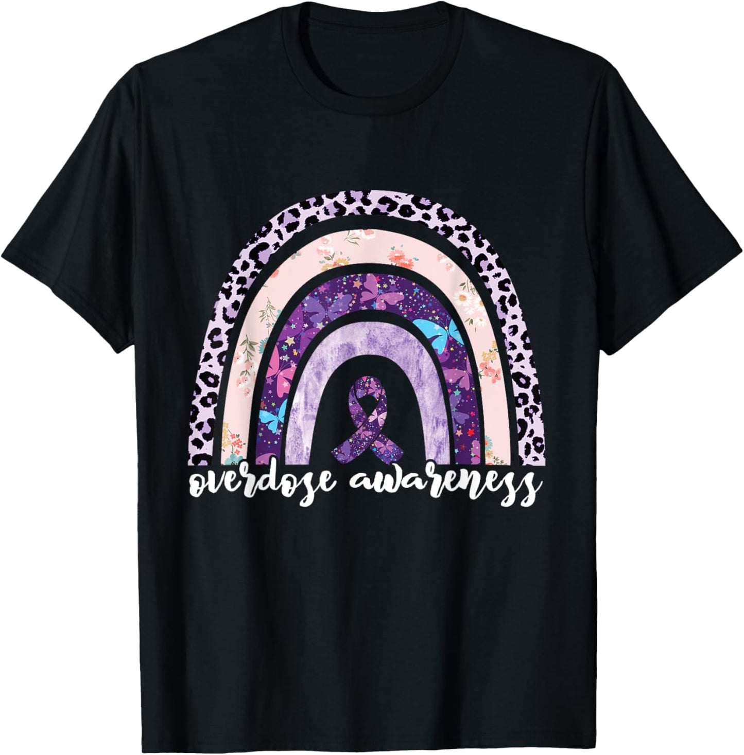 Overdose Awareness Purple Ribbon Drug Addiction Rainbow T-Shirt - T-Shirt | Black