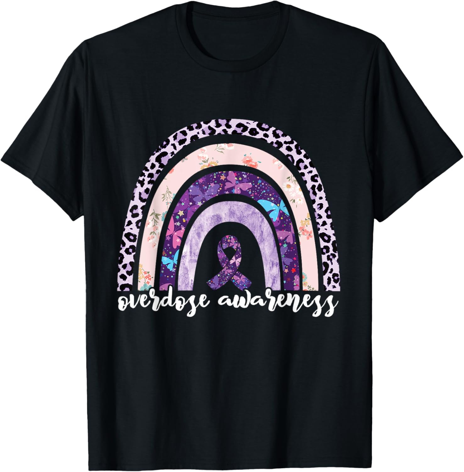 Overdose Awareness Purple Ribbon Drug Addiction Rainbow T-Shirt - T-Shirt | Black