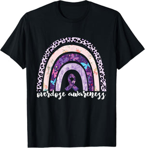 Overdose Awareness Purple Ribbon Drug Addiction Rainbow T-Shirt - T-Shirt | Black