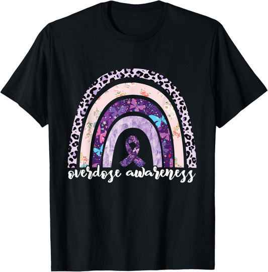Overdose Awareness Purple Ribbon Drug Addiction Rainbow T-Shirt - T-Shirt | Black