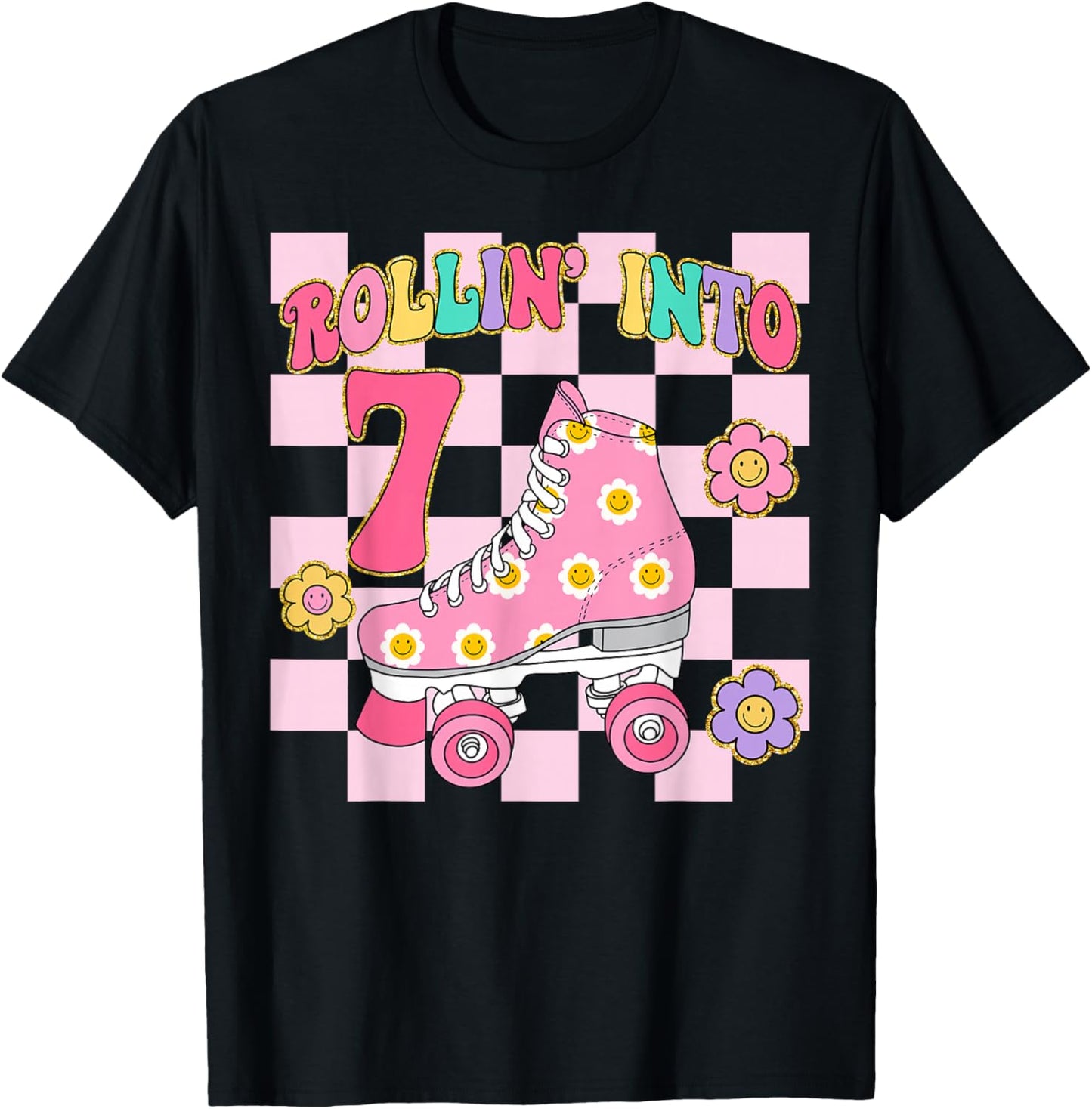 Rolling Into 7 Years Old Girl 7th Birthday Roller Skater T-Shirt - T-Shirt | Black